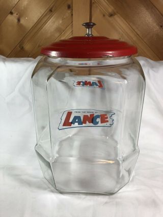 Vintage 11”lance Cracker Glass Jar - General Store Display With Red Metal Lid
