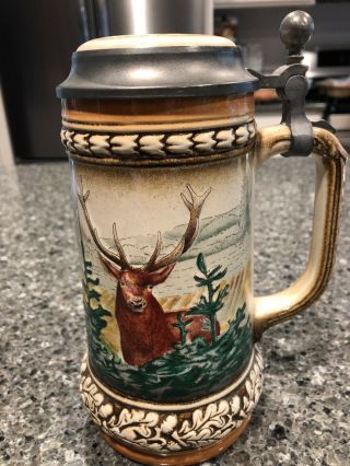 8 " Antique " Gerz " West German Embossed Pewter Lid Beer Stein Porcelain Mug Deer