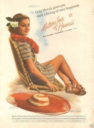 Vtg 1938 Hawaii Vacation Travel Hawaiian Flower Lei Beach Girl Cruise Ship Ad