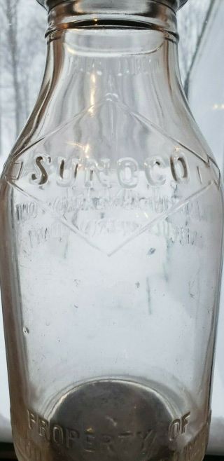 SUNOCO embossed,  rare Imperial Quart motor oil glass bottle,  sun oil.  metal spout 2