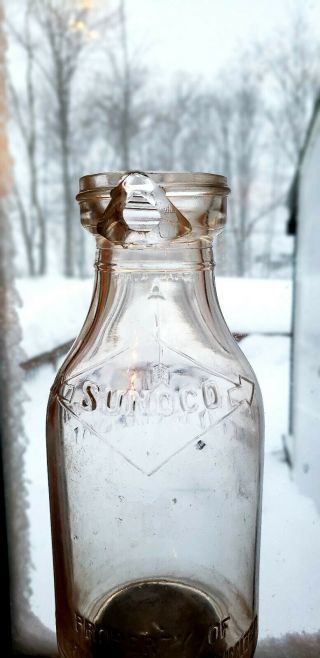 SUNOCO embossed,  rare Imperial Quart motor oil glass bottle,  sun oil.  metal spout 5