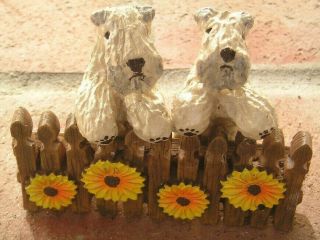 Soft Coated Wheaten Terrier Pair Sunflower Fence Scene