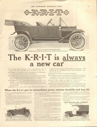 1912 Krit Model K Touring Car - Orig Vint Print Ad