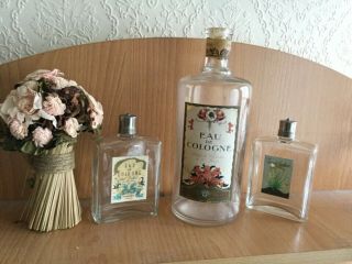 3 Pretty Vintage French Glass Perfume Bottles With Paper Floral Labels