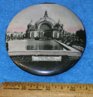 Rare 1915 Panama Pacific Ppie Celluloid Paperweight Pocket Mirror Festival Hall