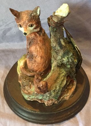 Fox Cub And Chipmunk Playing Near Stump Resin Figurine Saxony