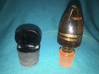 Two Vintage Amber Glass Bottle Stoppers Decanter & Medicine