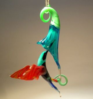 Blown Glass Figurine Bird Hanging Red Hummingbird & Aqua Flower Ornament