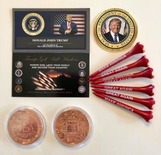 Trump Golf Ball Marker Coin & Tee Set.  Bit Coin - Solid Copper,  1 Decal