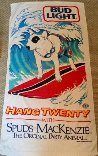 Vintage Spuds Mackenzie Bud Light Beer Beach Towel Hand Twenty Surf 80s