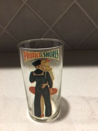 Vintage Wwii Protect Our Shores Novelty Pin Up Beer Drinking Glass