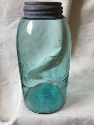Vintage Blue Swayzee’s Improved Mason Canning Fruit Jar Half - Gallon 17 Zinc Lid