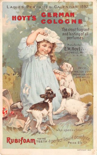 Girl Dogs 1897 Calendar Victorian Trade Card Hoyt German Cologne Puppies