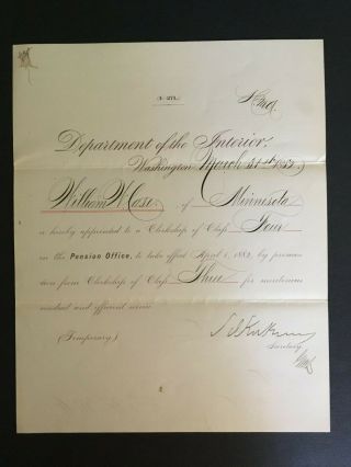 1882 Samuel J Kirkwood,  Secretary Of The Interior,  Document Signed