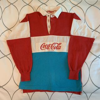 Vintage Coca - Cola Long Sleeve Rugby Shirt Red/white/blue M