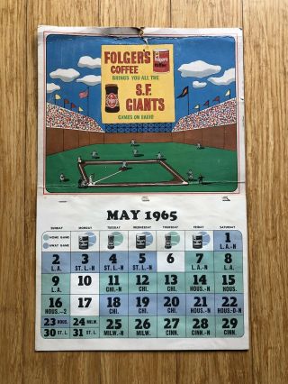 Vintage 1965 Sf Giants Folgers Coffee Calendar Schedule Litho Promo 21x14 Sign