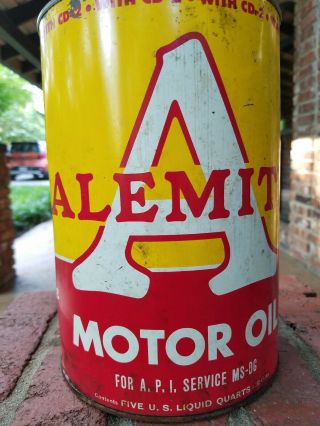 Old Alemite Big A 5 Quart Oil Can,  Full And,  Bold Red And Yellow Can