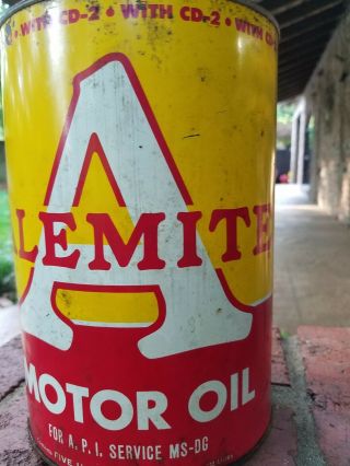 Old Alemite Big A 5 quart Oil Can,  full and,  bold red and yellow can 2