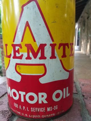 Old Alemite Big A 5 quart Oil Can,  full and,  bold red and yellow can 3