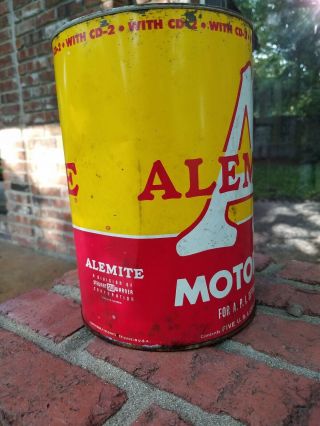 Old Alemite Big A 5 quart Oil Can,  full and,  bold red and yellow can 4