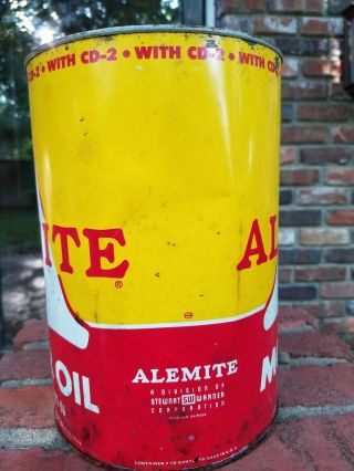Old Alemite Big A 5 quart Oil Can,  full and,  bold red and yellow can 6