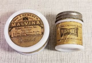 Antique Malvina Skin Cream Milk Glass Jar,  Musterole Vanity Cosmetic