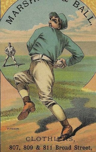 Victorian Trade Card - Baseball Pitcher,  Marshall & Ball,  Clothiers,  Newark,  Nj