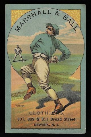 Victorian Trade Card - Baseball Pitcher,  Marshall & Ball,  Clothiers,  Newark,  NJ 2