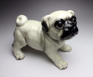 Fawn Pug Puppy Standing Dog Satue Porcelain Figurine White Silve Cream Japan