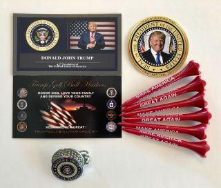 Donald Trump President Seal Golf Ball Marker & Hat Clip,  6 Maga Tees,  1 Decal