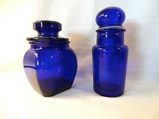 Cobalt Blue Glass Ginger Jars With Lids,  One Round And One Square