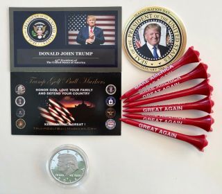 Trump Golf Ball Marker Silver Coin & Tees.  Presidential Tribute.  2016,  1 Decal