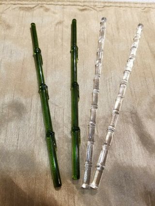 Set Of Vintage Handblown Glass Bamboo Swizzle Stir Sticks 2 Green 2 White