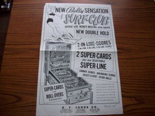 1954 Bally Surf Club Orig Bingo Pinball Machine Flyer