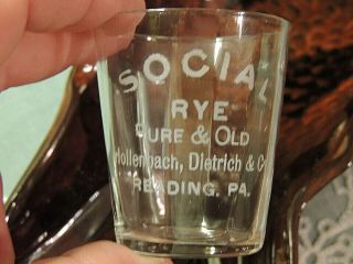 Vintage Etched Advertising Measuring Shot Glass " Social " Rye Whiskey Reading,  Pa