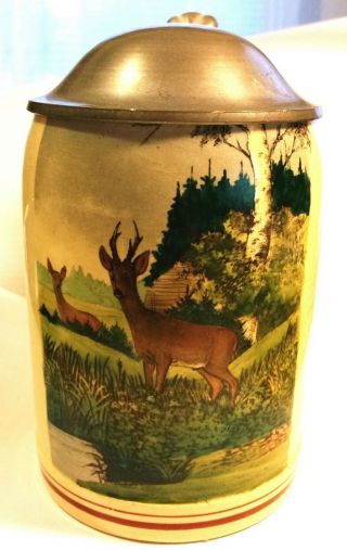 Rare Vintage German Pewter Lidded Beer Stein,  " Deer And Foilage " Hand Painted "