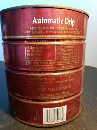 Vintage Folger ' s Coffee Can Tin Aroma Roasted Automatic Drip 39 oz Lebowski Red 4