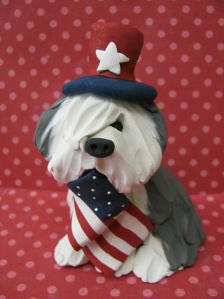 Handsculpted Old English Sheepdog With American Flag Figurine