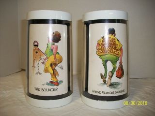 VINTAGE 1970 ' s BOWLING BOWLER HIS & HERS THERMO - SERV INSULATED PLASTIC MUGS VGC 2