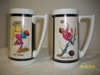 VINTAGE 1970 ' s BOWLING BOWLER HIS & HERS THERMO - SERV INSULATED PLASTIC MUGS VGC 3
