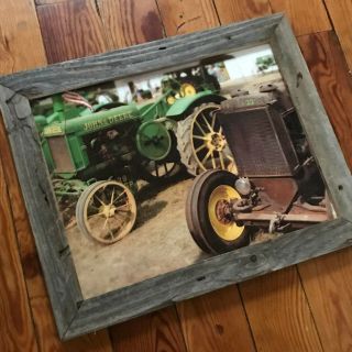 Photographs Of Two Vintage Antique John Deere Tractors In Barnwood Wood Frame