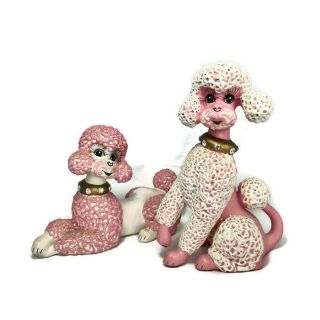 Vintage Chalkware Poodle Pair Statues Figures Mantel Sitters Chalky Pink White