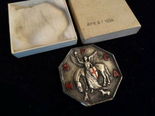 Vintage 1934 M.  S.  P.  C.  A.  Enameled Octagon Shape Medallion Cammall Badge Co W/box