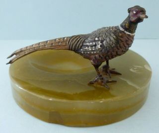 Antique Austrian Cold Painted Bronze Cock Pheasant Bird Onyx Pin Coin Dish Rare