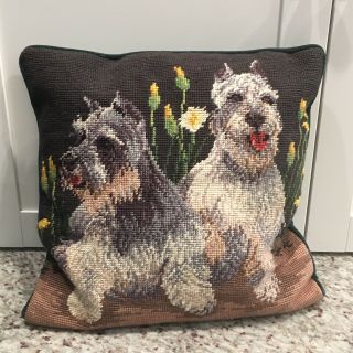 Schnauzer Dog Vintage Wool Needlepoint Decorative Pillow 14 " X 14 " Green Velvet