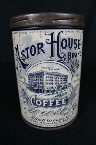 Astor House Abbott Grocery Keene Nh Athol Mass 1 Pound Lb Tin Litho Coffee Can