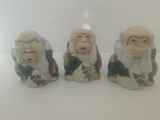 Vtg Set Of 3 Ceramic Porcelain Chinese Monkeys See No Hear No Speak No Evil