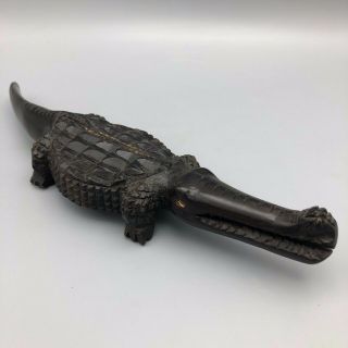 Vintage Carved Wood Folk Art Crocodile Figurine Black
