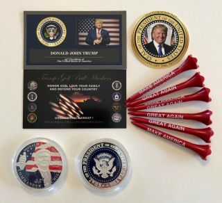 Trump Golf Ball Marker Coin & Tee Set.  45th Commander & Chief.  Maga,  1 Decal