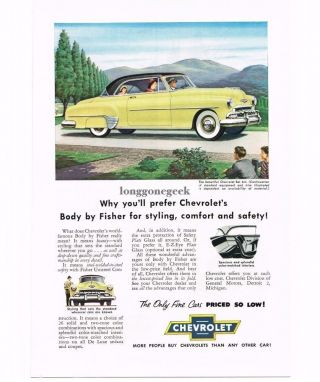 1952 Chevrolet Chevy Yellow Black Bel Air Automobile Car Vtg Print Ad